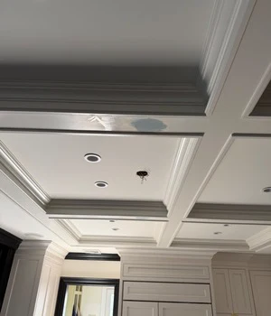 Coffered ceiling above a white kitchen with painted cabinetry