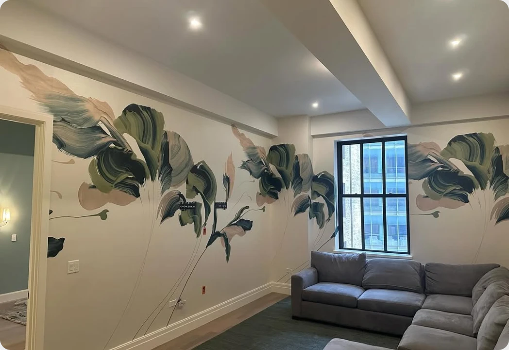 Hand-painted leaf mural in a North Texas living room